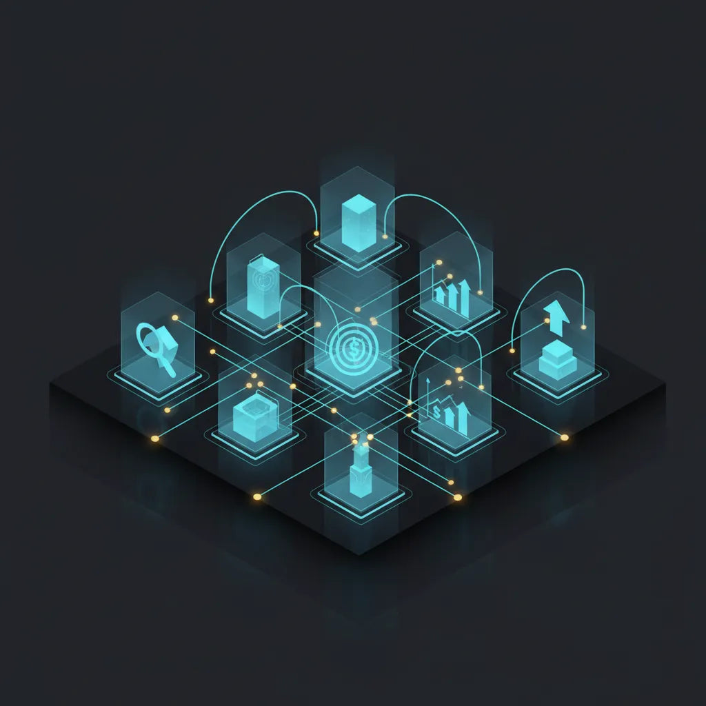 Connected campaign architecture showing search, shopping, retargeting, and analytics modules working together